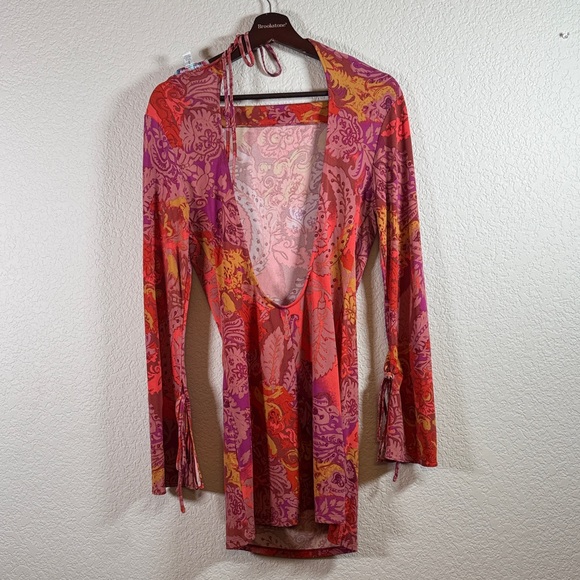 Urban Outfitters Paisley Red Pink Patterned Backless Mini Dress Sz Small - Picture 4 of 8